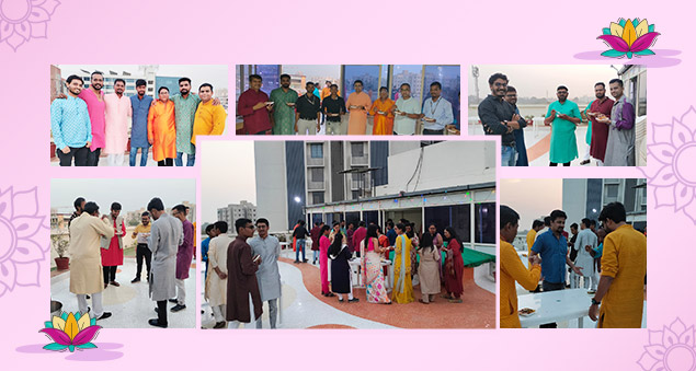 team celebrating diwali 2023 with traditional attire and lights