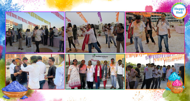 Team celebrating Holi 2025 with vibrant colors and festive spirit
